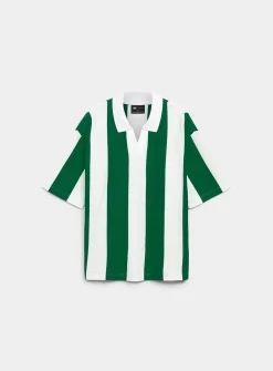 Striped openwork jersey Johnny-collar polo