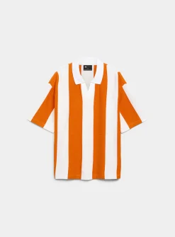Striped openwork jersey Johnny-collar polo