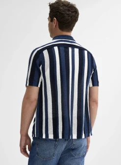 Striped pointelle-knit polo-collar cardigan