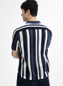 Striped pointelle-knit polo-collar cardigan