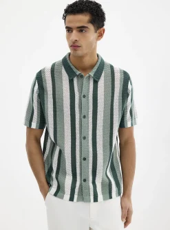 Striped pointelle-knit polo-collar cardigan