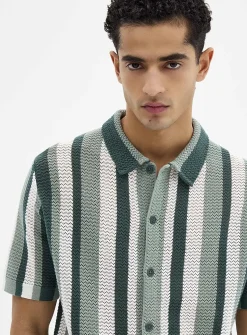 Striped pointelle-knit polo-collar cardigan