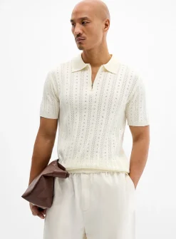 Striped pointelle-knit zip polo