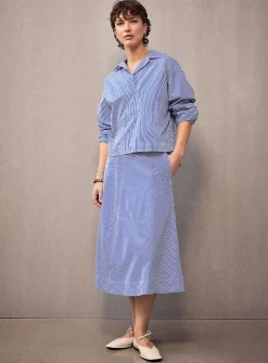 Striped poplin flared midi skirt