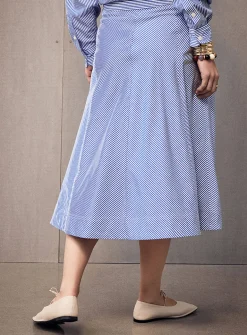 Striped poplin flared midi skirt