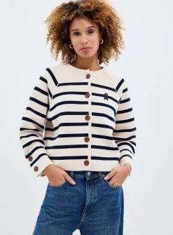 Striped pure cotton balloon-sleeve cardigan