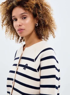 Striped pure cotton balloon-sleeve cardigan