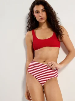 Striped ruffle-textured high-rise high-cut bikini bottom