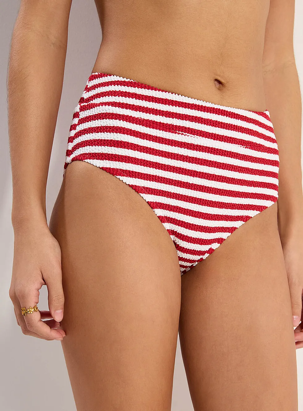 Striped ruffle-textured high-rise high-cut bikini bottom