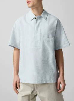 Striped seersucker pull-on shirt