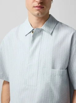 Striped seersucker pull-on shirt