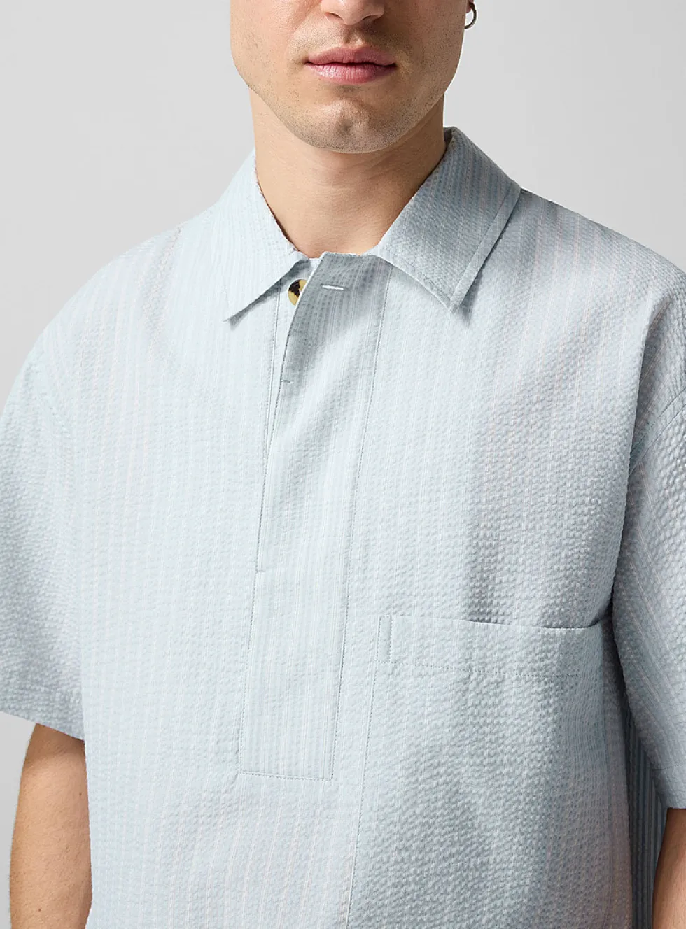 Striped seersucker pull-on shirt