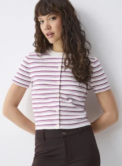 Striped short-sleeve cardigan
