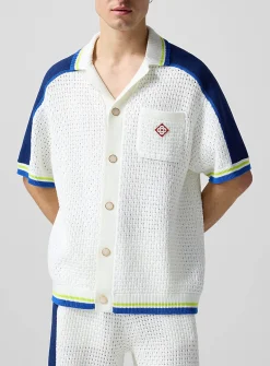 Striped trim crocheted knit shirt