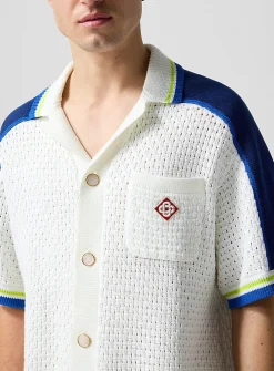 Striped trim crocheted knit shirt