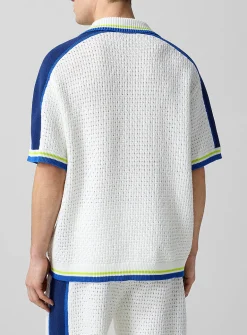 Striped trim crocheted knit shirt