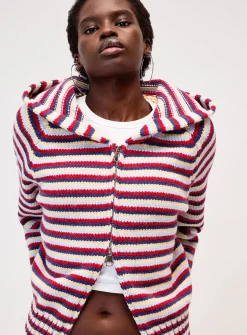 Striped zippered hooded cardigan