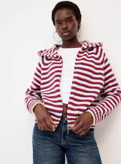 Striped zippered hooded cardigan