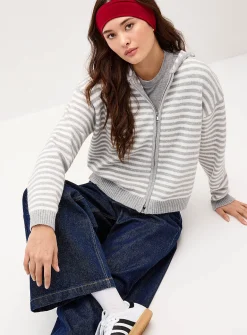 Striped zippered hooded cardigan