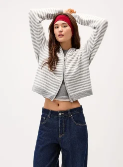 Striped zippered hooded cardigan