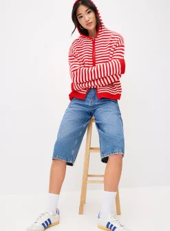 Striped zippered hooded cardigan