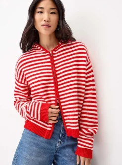 Striped zippered hooded cardigan