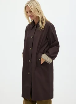 Striped-lining shirt-collar mid-length trench coat