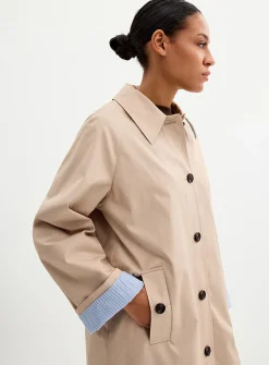 Striped-lining shirt-collar mid-length trench coat