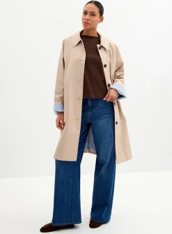 Striped-lining shirt-collar mid-length trench coat