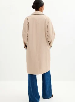 Striped-lining shirt-collar mid-length trench coat