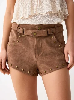 Studded faux-suede mini short