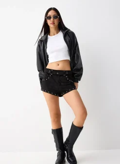 Studded faux-suede mini short