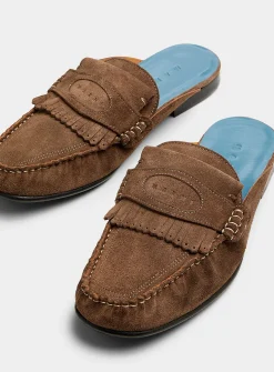 Suede fringe loafer mule