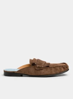Suede fringe loafer mule