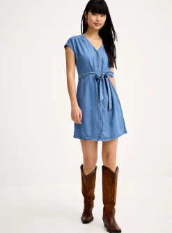 Supple faux-denim cap-sleeved dress