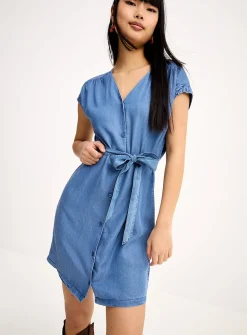 Supple faux-denim cap-sleeved dress