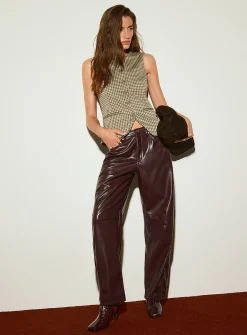 Supple faux-leather topstitched barrel-leg pant