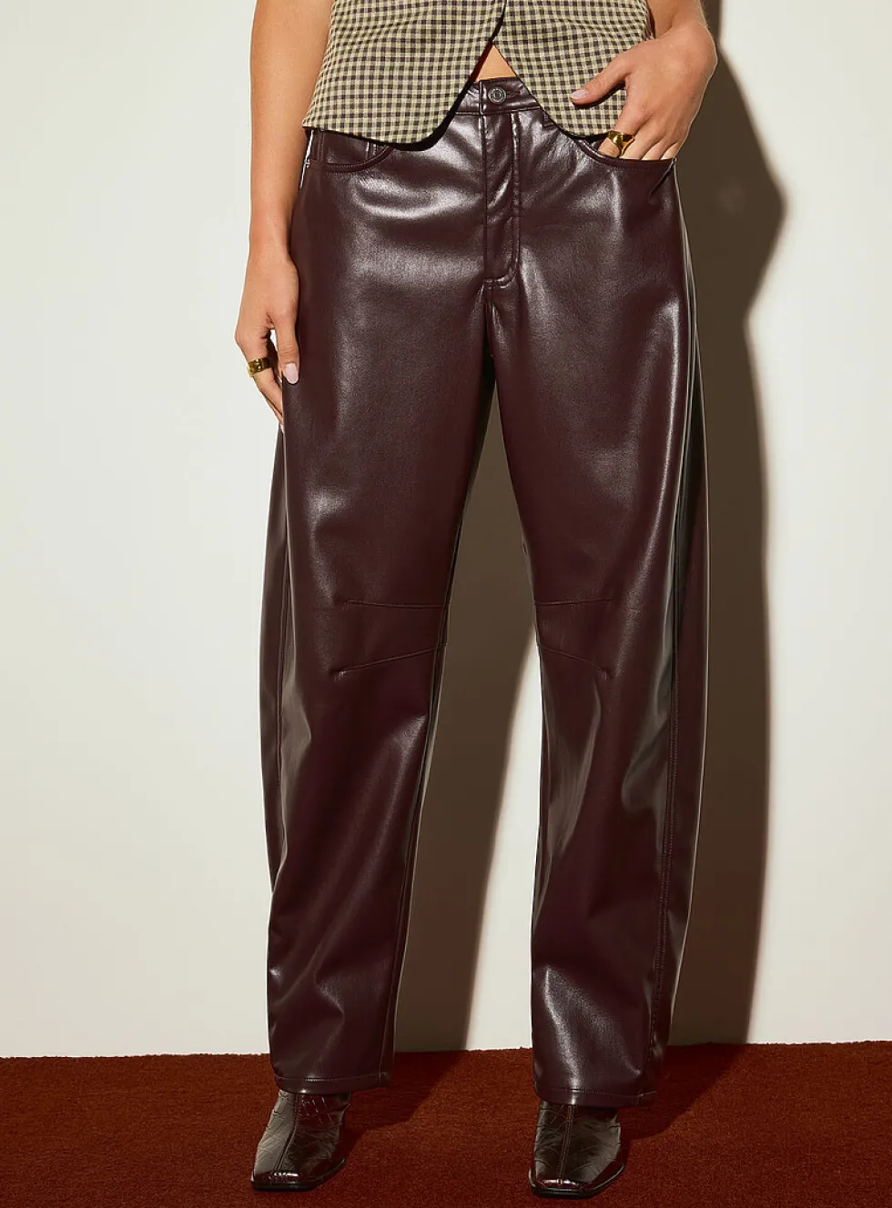 Supple faux-leather topstitched barrel-leg pant