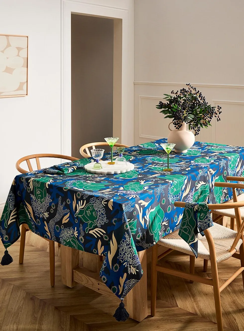 Tasselled colourful tablecloth