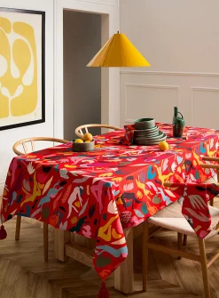 Tasselled colourful tablecloth