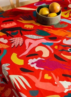 Tasselled colourful tablecloth