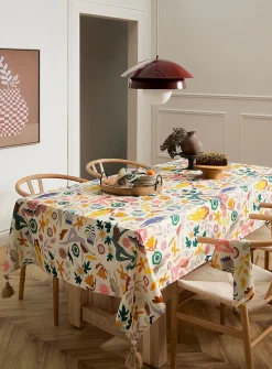 Tasselled colourful tablecloth