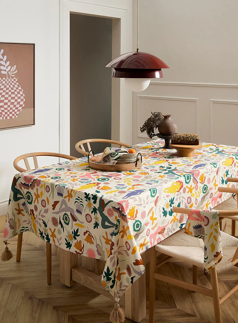Tasselled colourful tablecloth