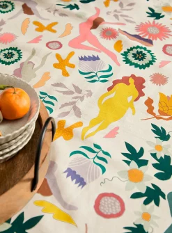 Tasselled colourful tablecloth