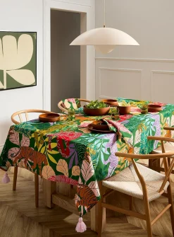 Tasselled colourful tablecloth