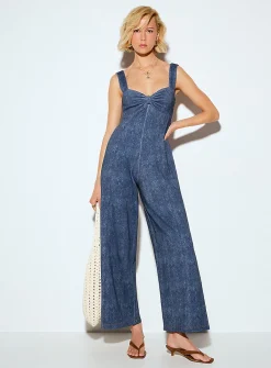 Terry underside denim effect gathered-bust jumpsuit