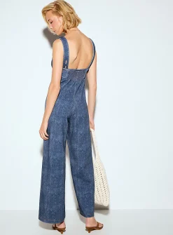 Terry underside denim effect gathered-bust jumpsuit