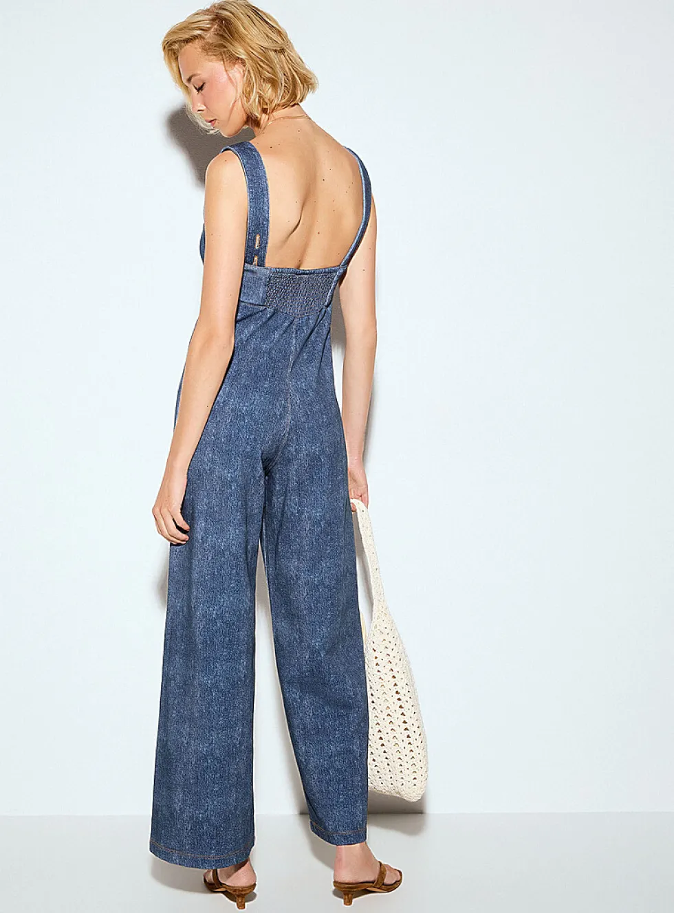 Terry underside denim effect gathered-bust jumpsuit