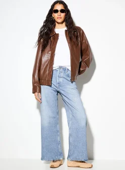 Terry underside faux-denim 5-pocket wide-leg pant