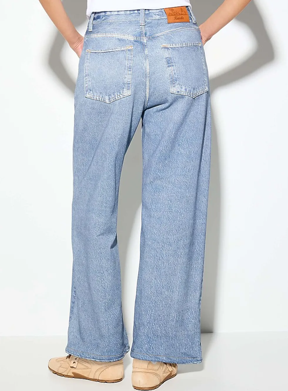 Terry underside faux-denim 5-pocket wide-leg pant